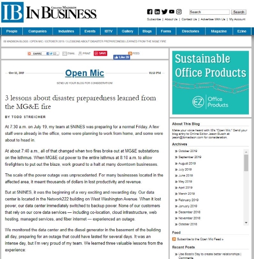 5NINES disaster preparedness story is featured in In Business magazine